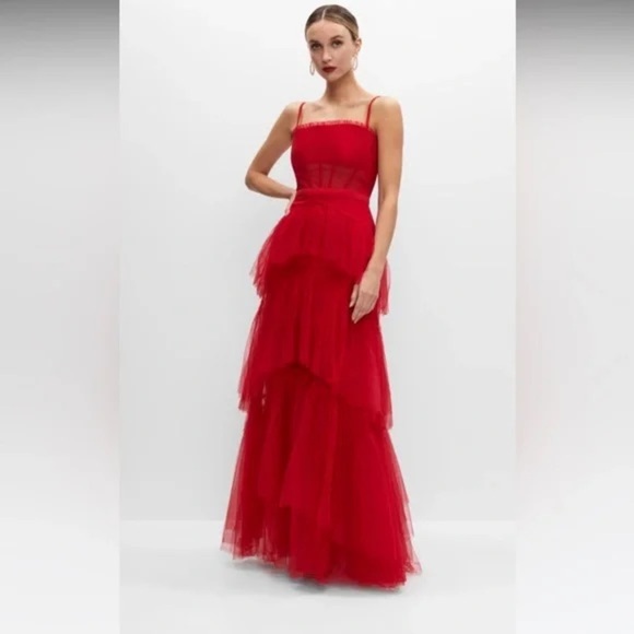 Betsy & Adam Red Ruffled Tiered Gown for Prom - Picture 5 of 8